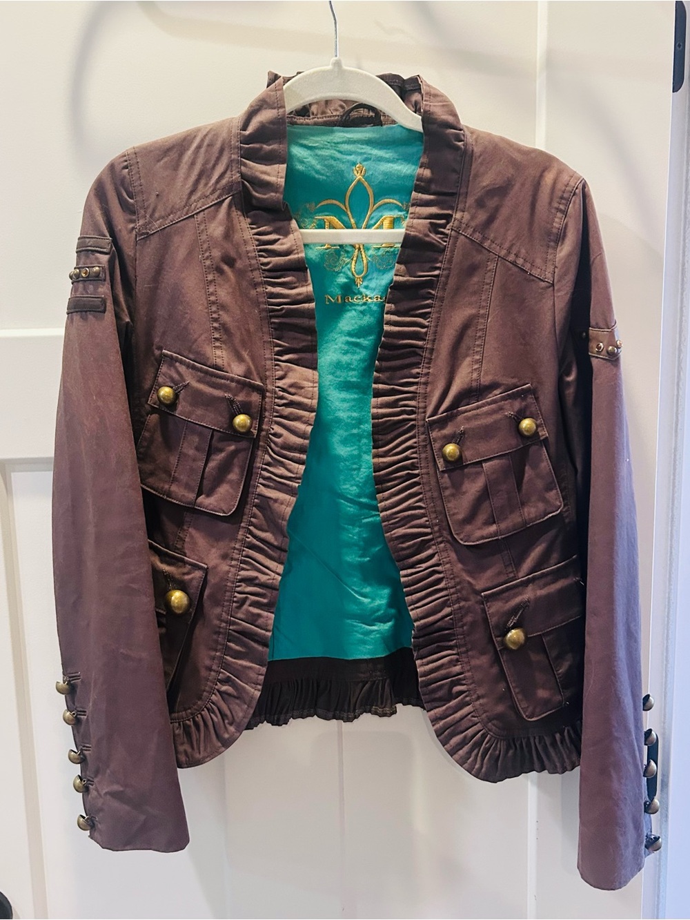Mackage Women's Brown Military-Style Jacket with Ruffle Trim